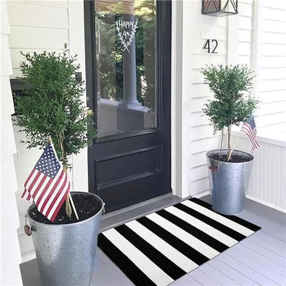 Black and White Area Rug 27.5x43 Inches Striped Front Door Rug Cotton Washable - Picture 3 of 7